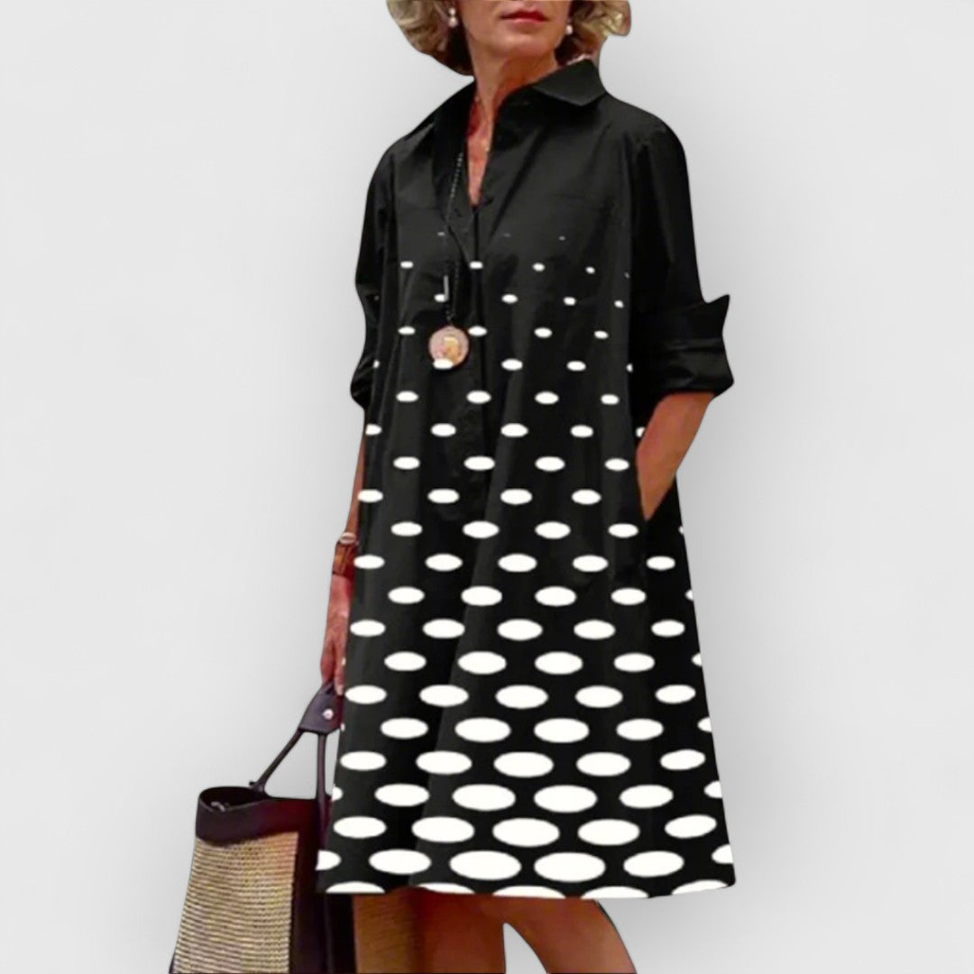 Indigo - Trendy Turn Down Collar Dot Print Shirt Dress