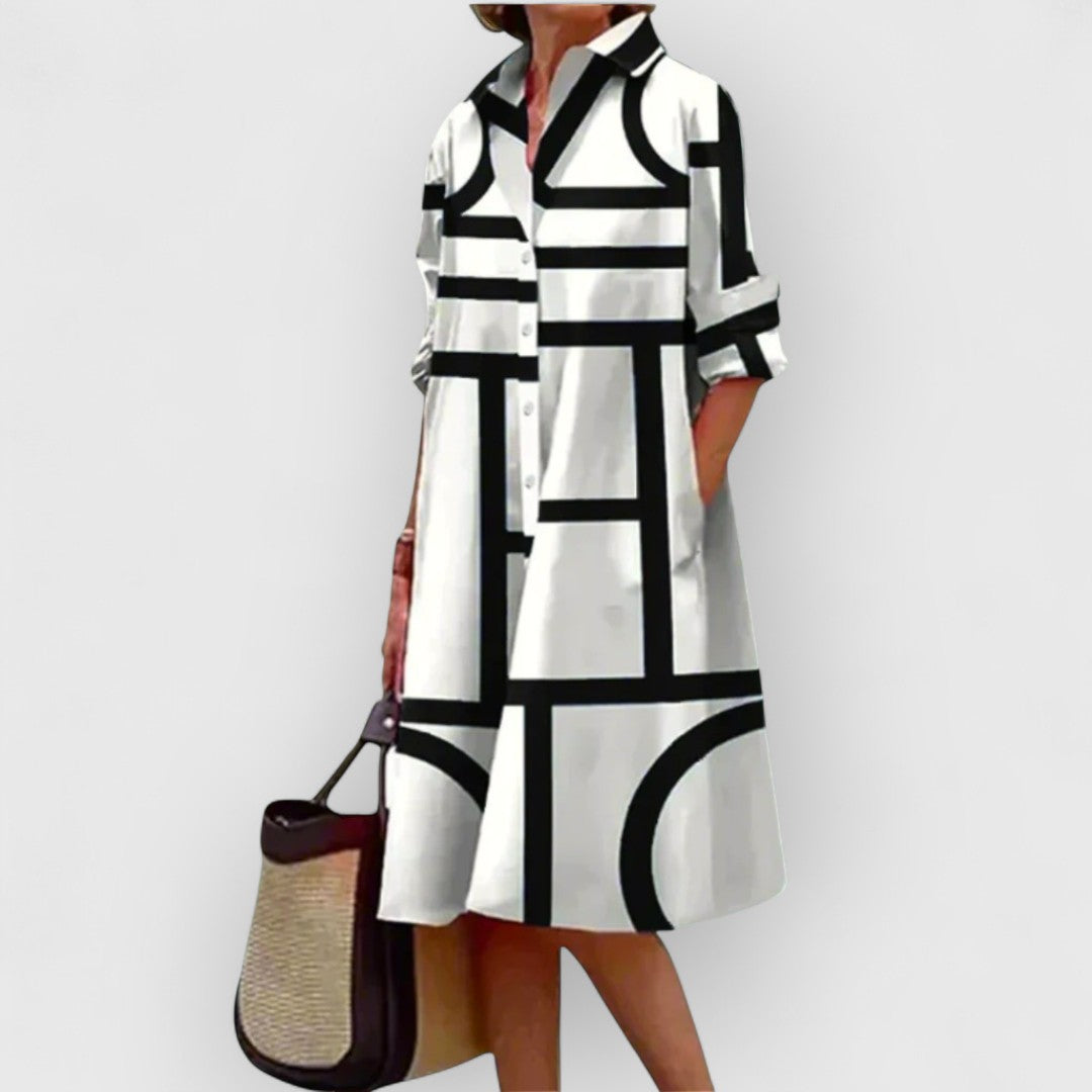 Opal - Printed White Button Front Long Sleeves Shirt Dress