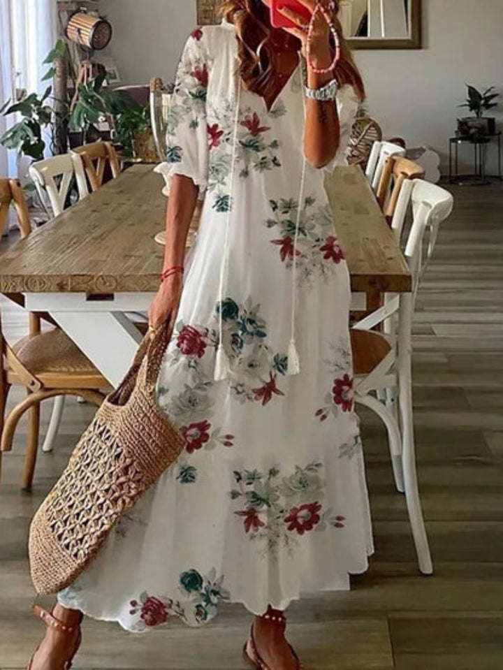 Andrea - Boho Vintage V-Neck Printed Dress