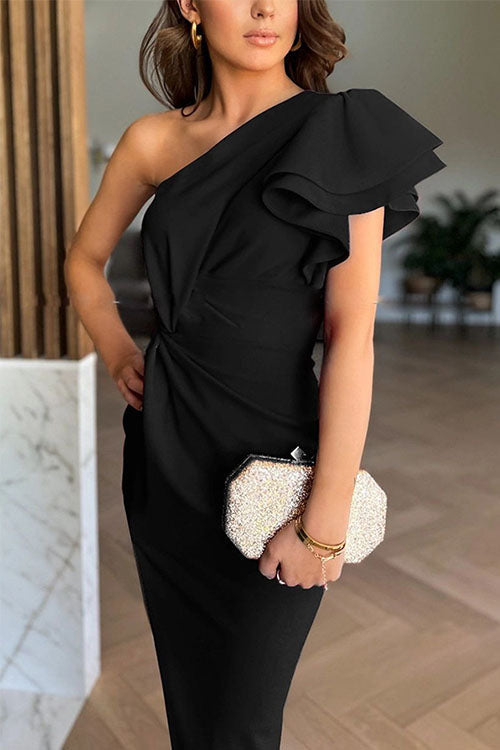 Delilah - Slanted Neck Short Sleeve High Waisted Slit Dress