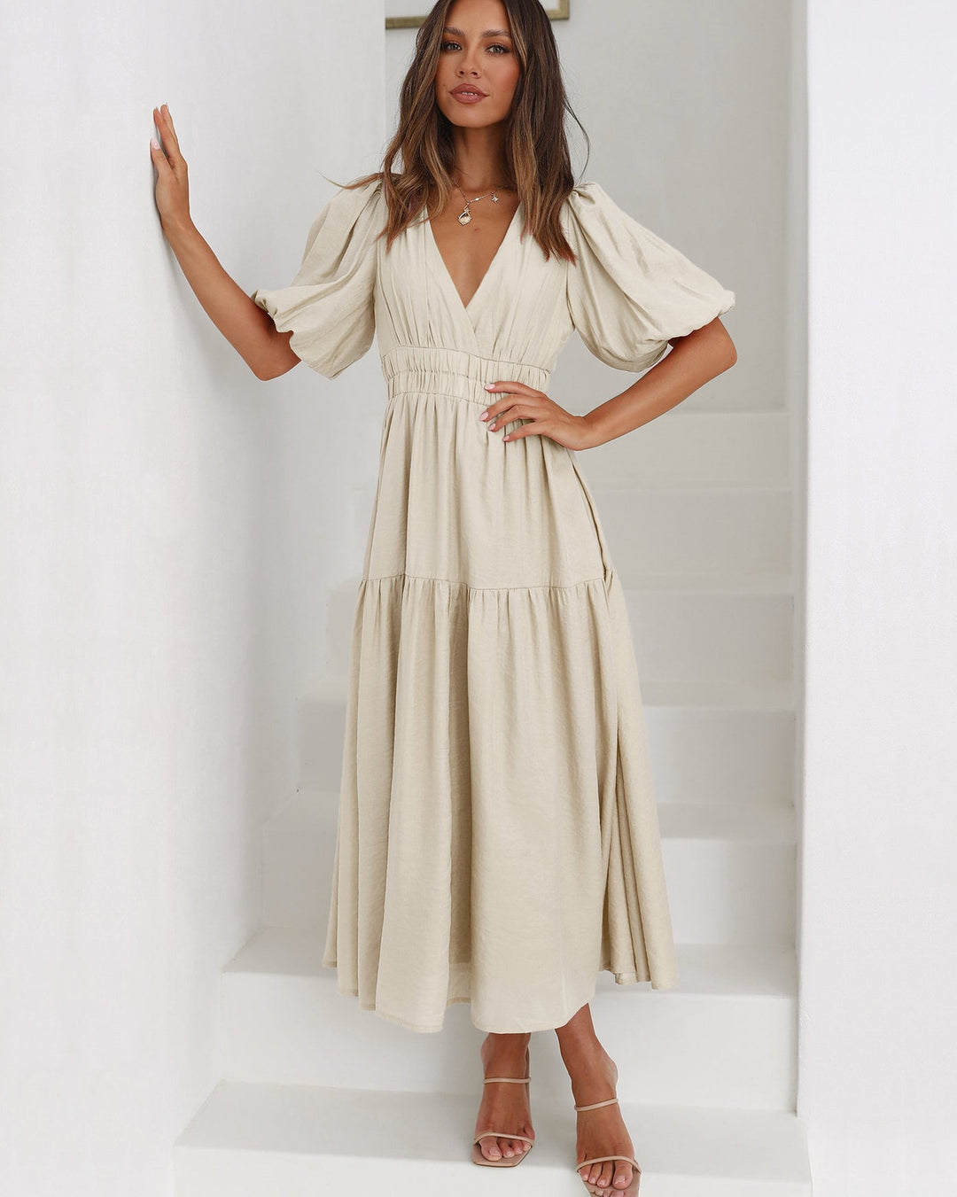 Nora - Casual Puff Sleeve Flowy Tiered Maxi Dress