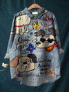 Caroline - Dog Art Print Cotton-Linen Shirt