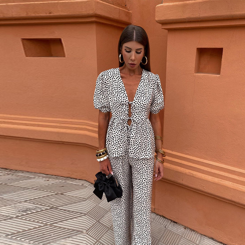 Holly - Printed Tie-up Top and Trouser Set