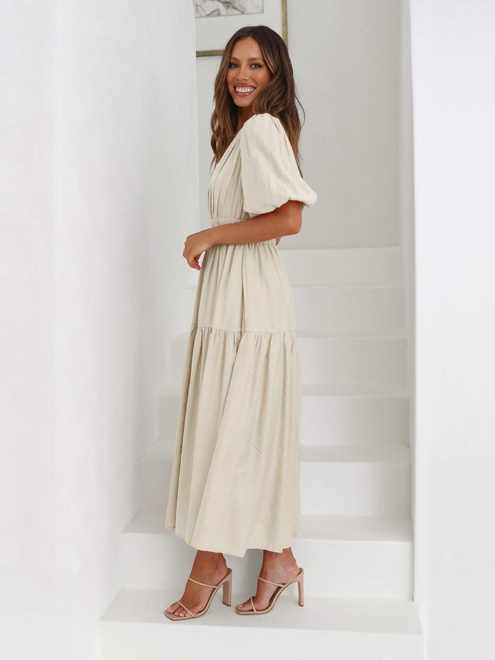 Nora - Casual Puff Sleeve Flowy Tiered Maxi Dress