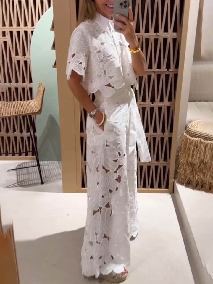 Evania - Floral Embroidered Hollow Lace Wide-Leg Pants