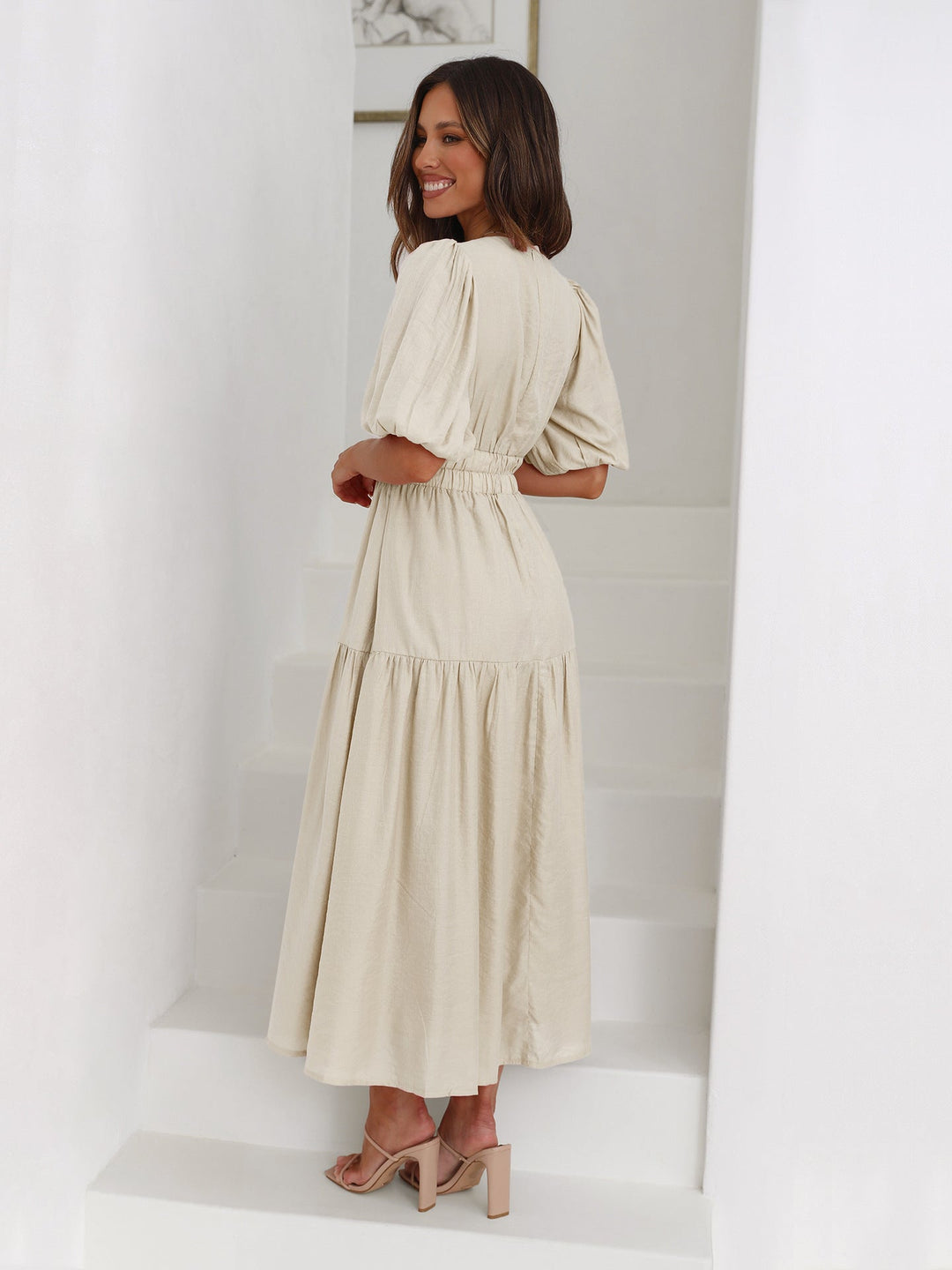 Nora - Casual Puff Sleeve Flowy Tiered Maxi Dress