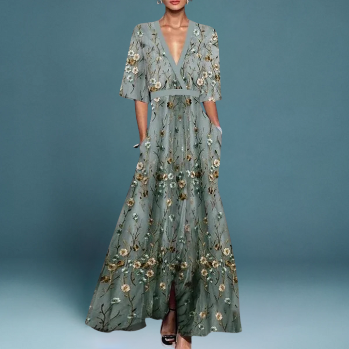 Maren - Elegant V-Neck Short Sleeve Floral Dress