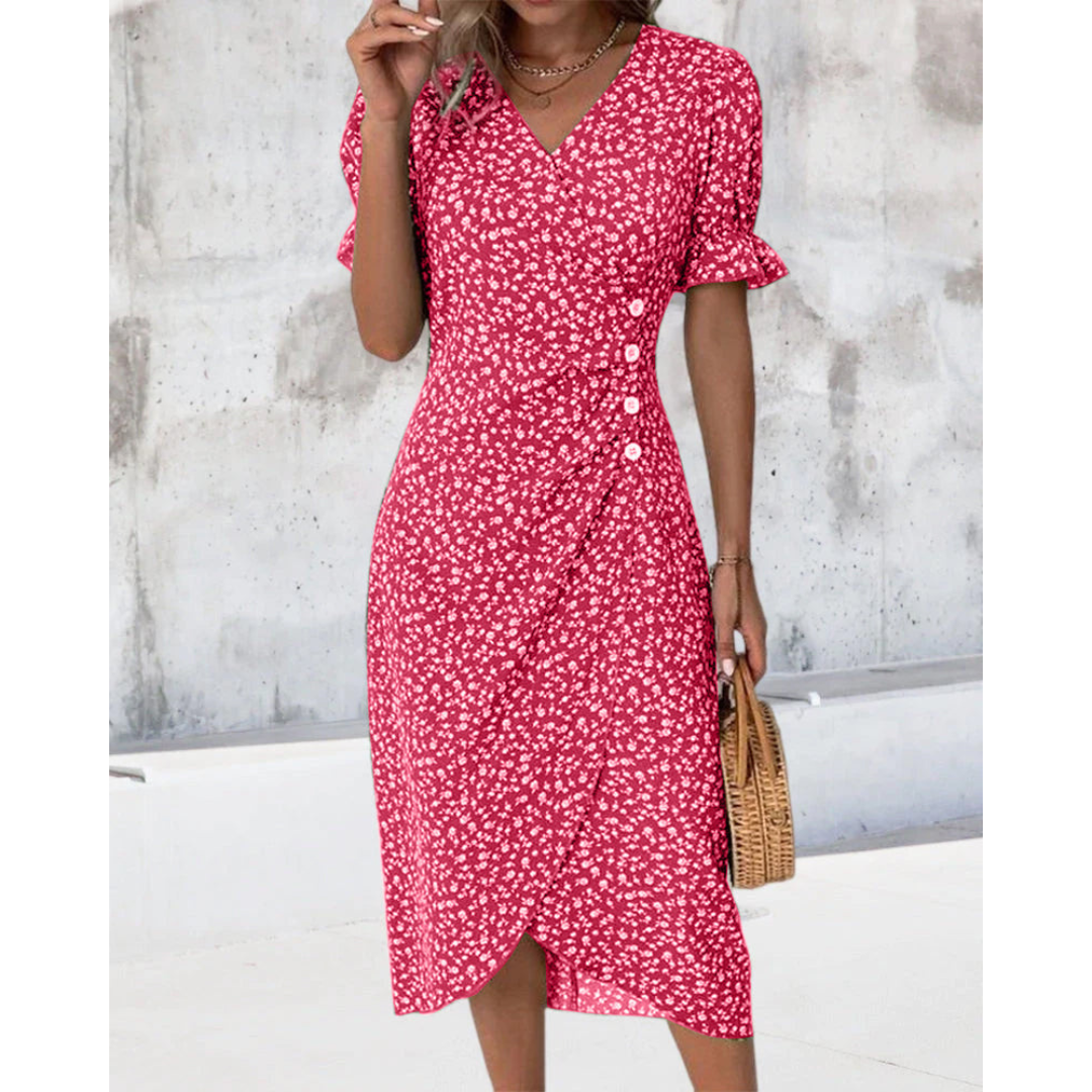 Dimitra - V Neck Puff Sleeve Waist Ruched Button Dress