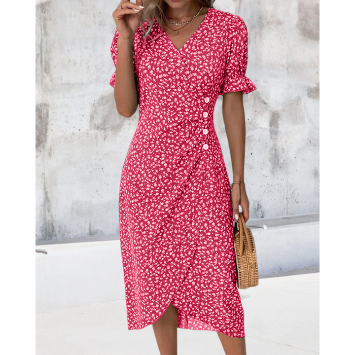 Dimitra - V Neck Puff Sleeve Waist Ruched Button Dress
