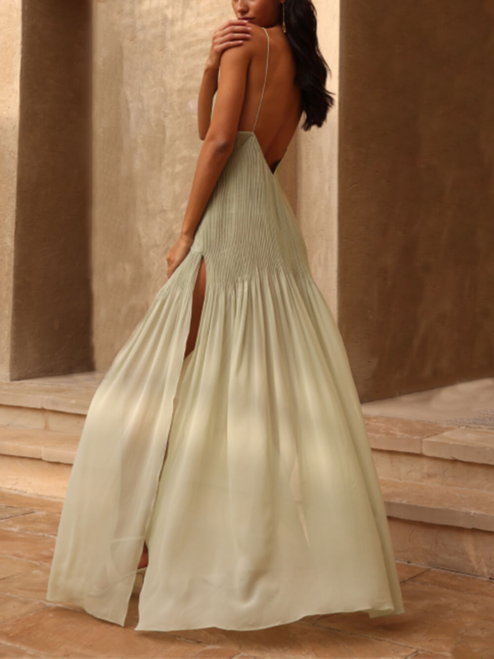 Ottilie - Pleated Patchwork Slit Maxi Dress