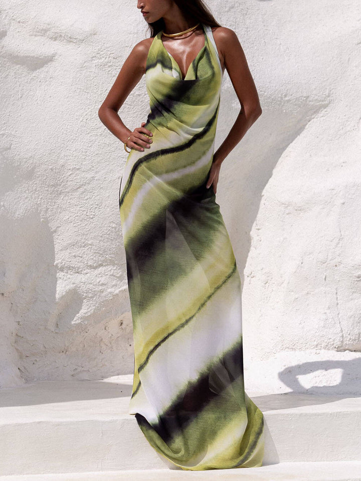 Solene - Classic Tie-Dye Gradient Cowl Neck Halter Maxi Dress