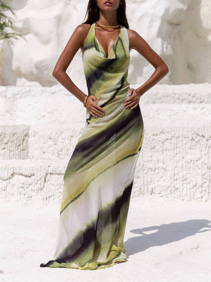 Solene - Classic Tie-Dye Gradient Cowl Neck Halter Maxi Dress