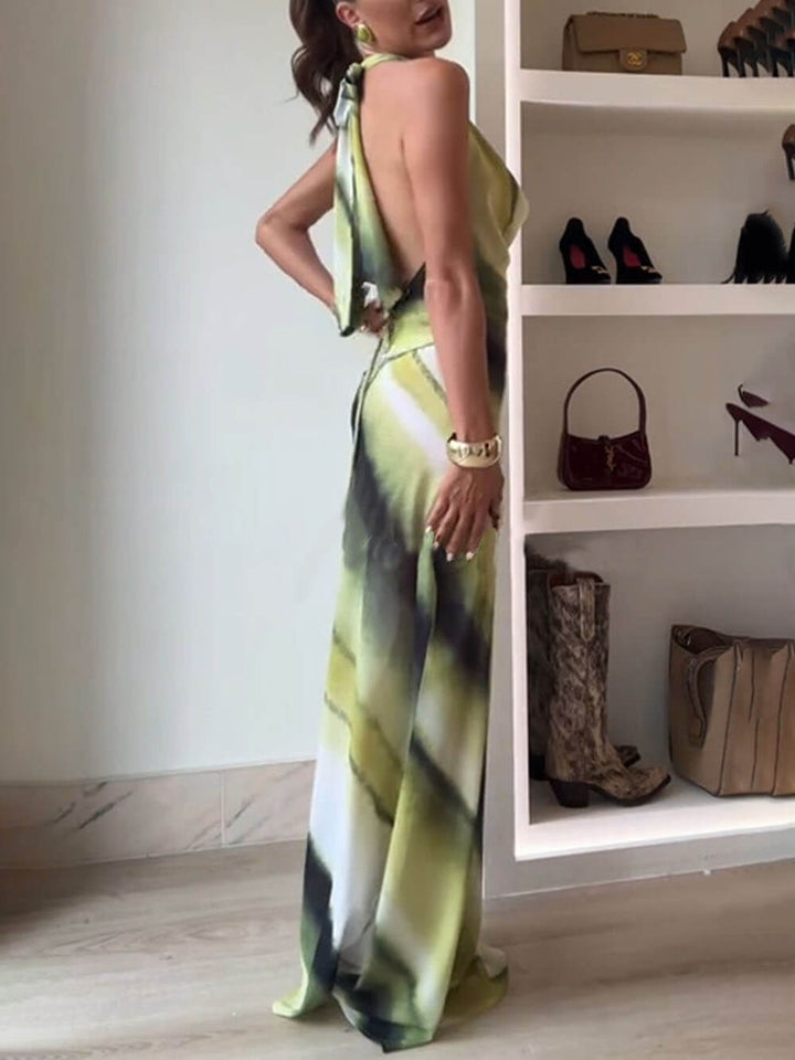 Solene - Classic Tie-Dye Gradient Cowl Neck Halter Maxi Dress