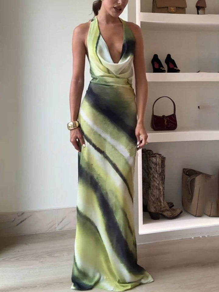 Solene - Classic Tie-Dye Gradient Cowl Neck Halter Maxi Dress