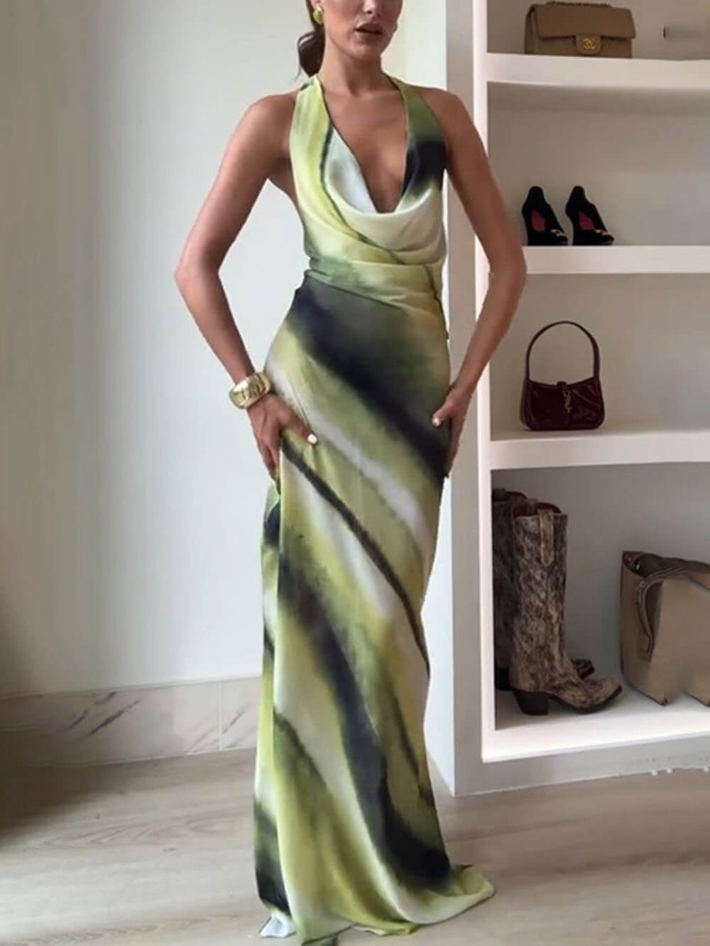 Solene - Classic Tie-Dye Gradient Cowl Neck Halter Maxi Dress