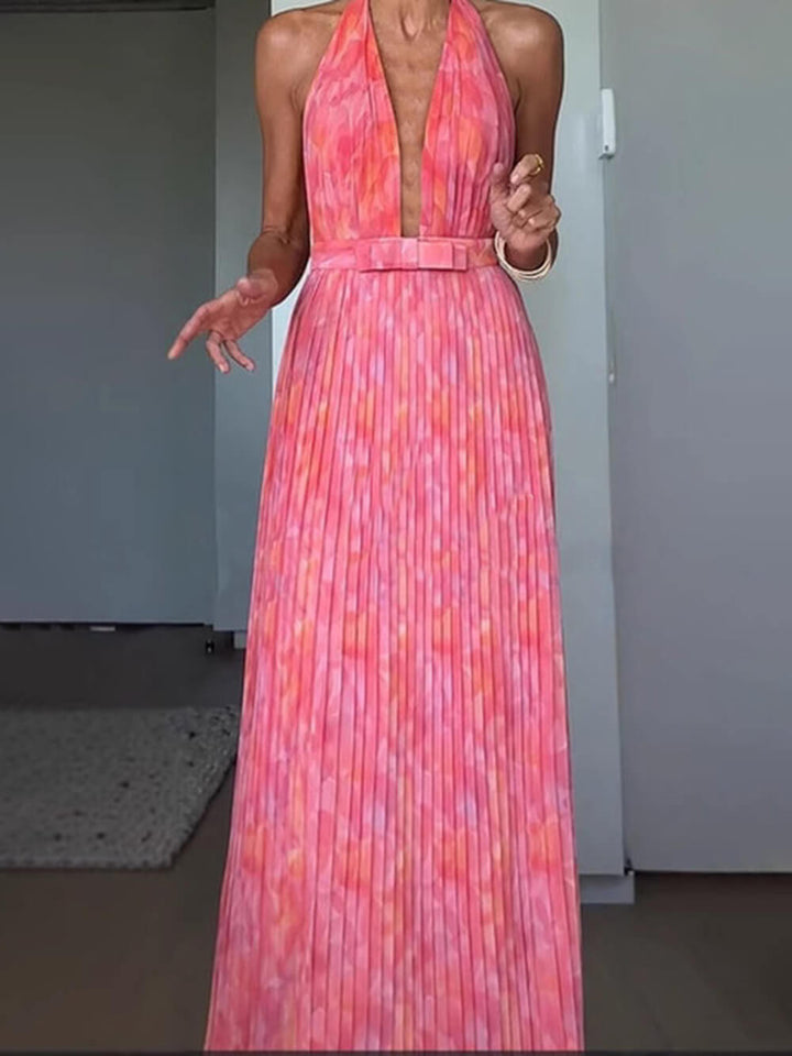 Isolde - V-Neck Halter Pleated Maxi Dress