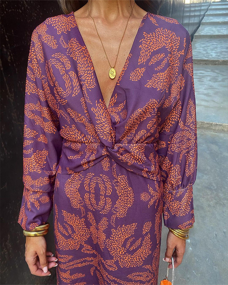 Willa - Vintage Printed V-Neck Long Dress