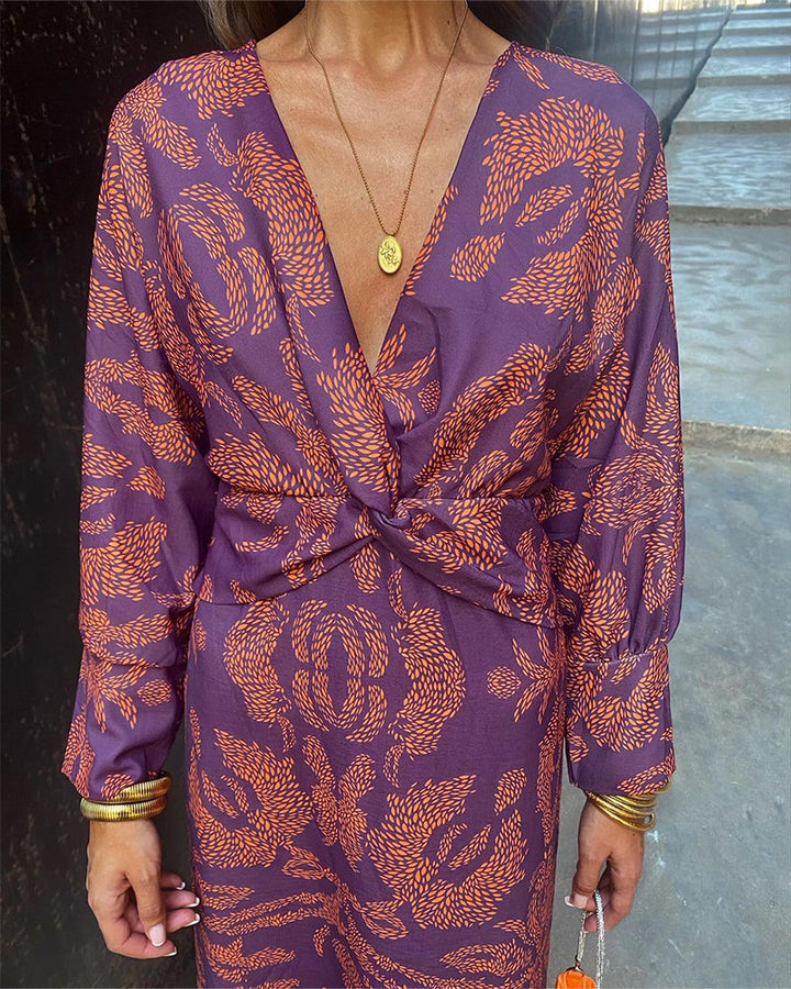 Willa - Vintage Printed V-Neck Long Dress