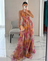Caroline - Elegant Floral Print Mesh Strap Party Dress