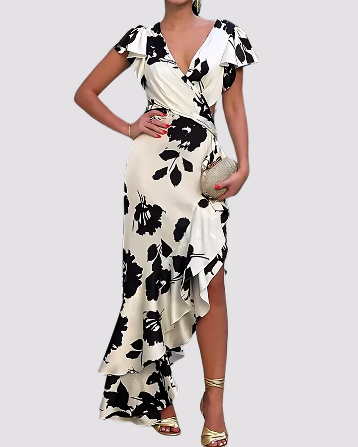 Mia - Flower Printed V Neck Short Ruffles Sleeve Party Dress