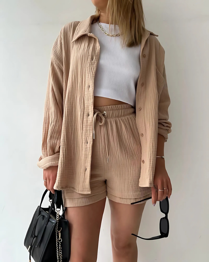 Gia - Casual Drawstring Collar & High Waist Shorts