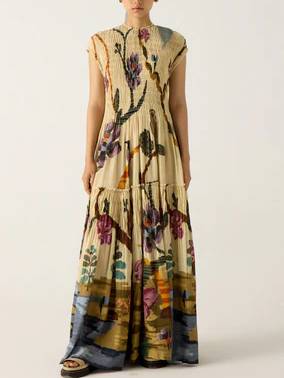 Vesper - Boho-Inspired Pleated Print Maxi Dress