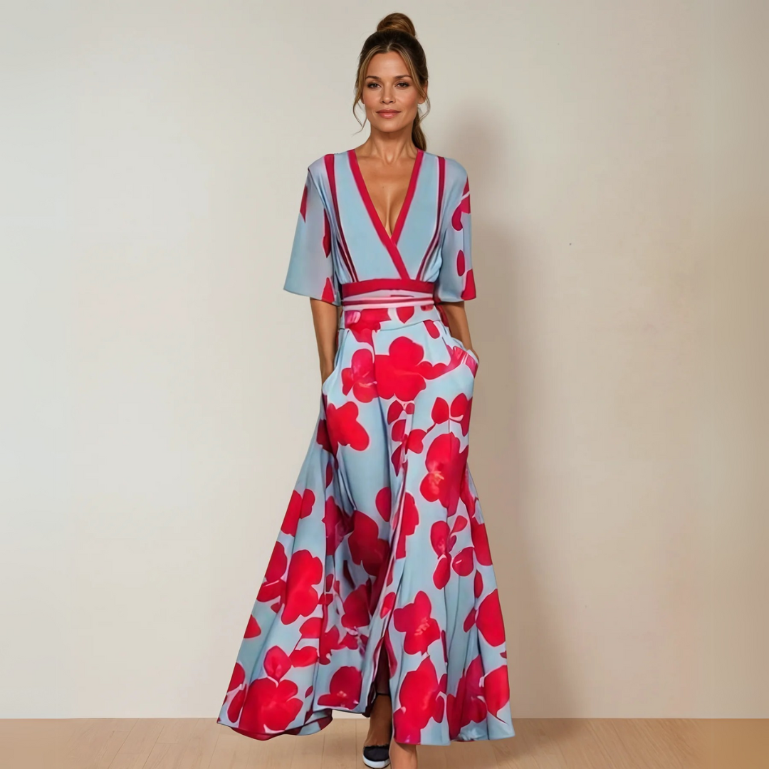 Willow - Elegant Belted V-Neck Large Skirt Hemline Dress