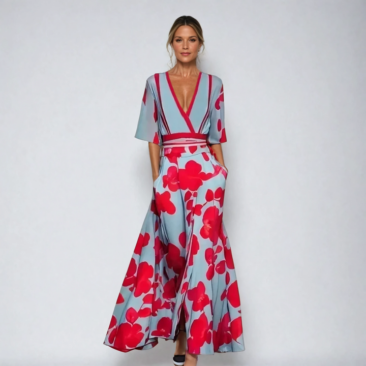 Willow - Elegant Belted V-Neck Large Skirt Hemline Dress