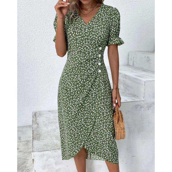 Dimitra - V Neck Puff Sleeve Waist Ruched Button Dress