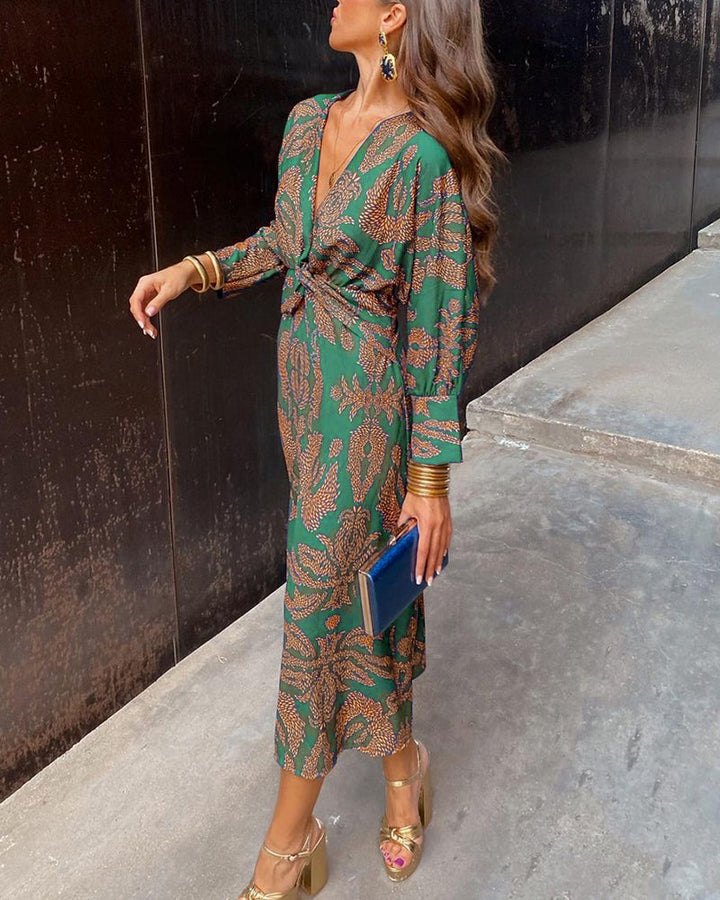 Willa - Vintage Printed V-Neck Long Dress