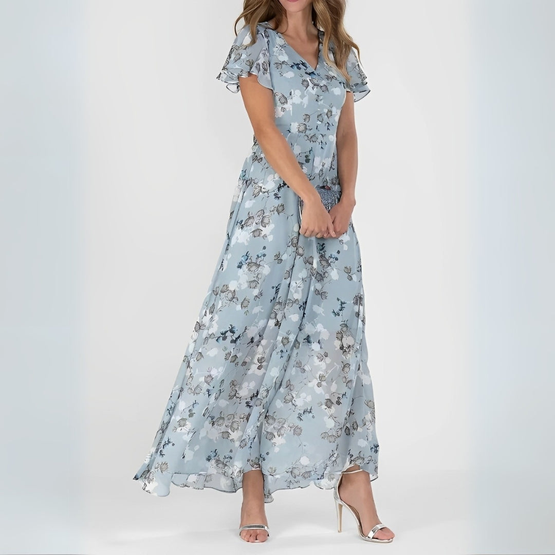 Saffron - Elegant Ruffle Short Sleeve Flowy Dress