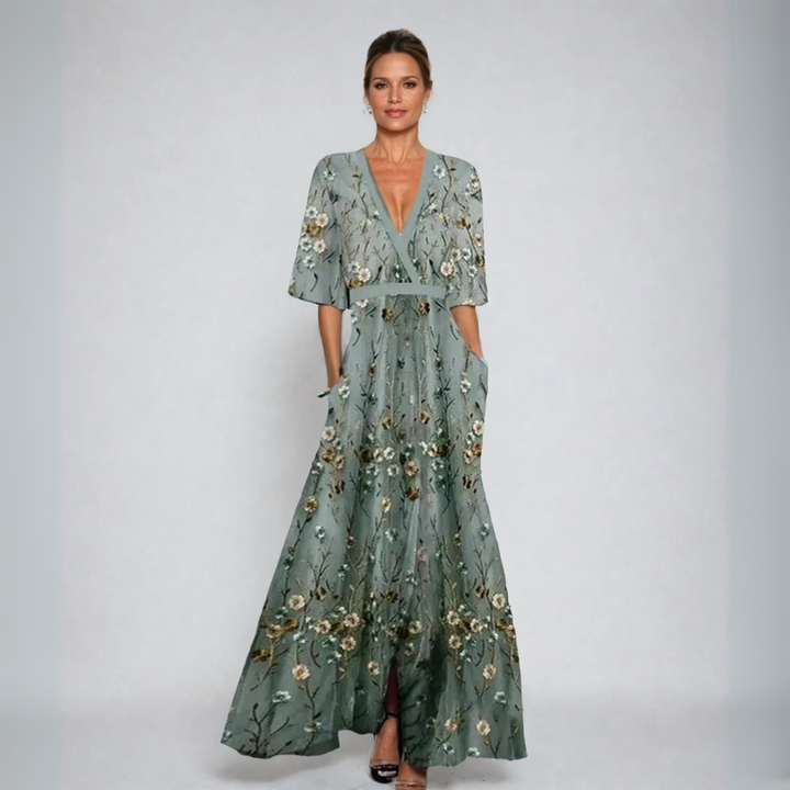 Maren - Elegant V-Neck Short Sleeve Floral Dress