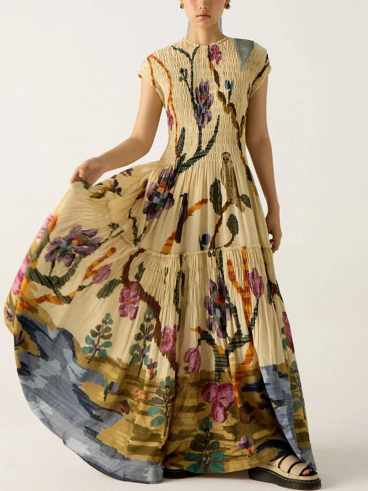 Vesper - Boho-Inspired Pleated Print Maxi Dress