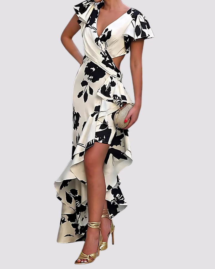 Mia - Flower Printed V Neck Short Ruffles Sleeve Party Dress