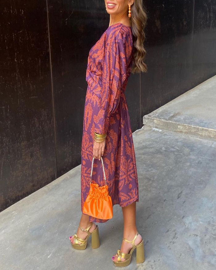 Willa - Vintage Printed V-Neck Long Dress