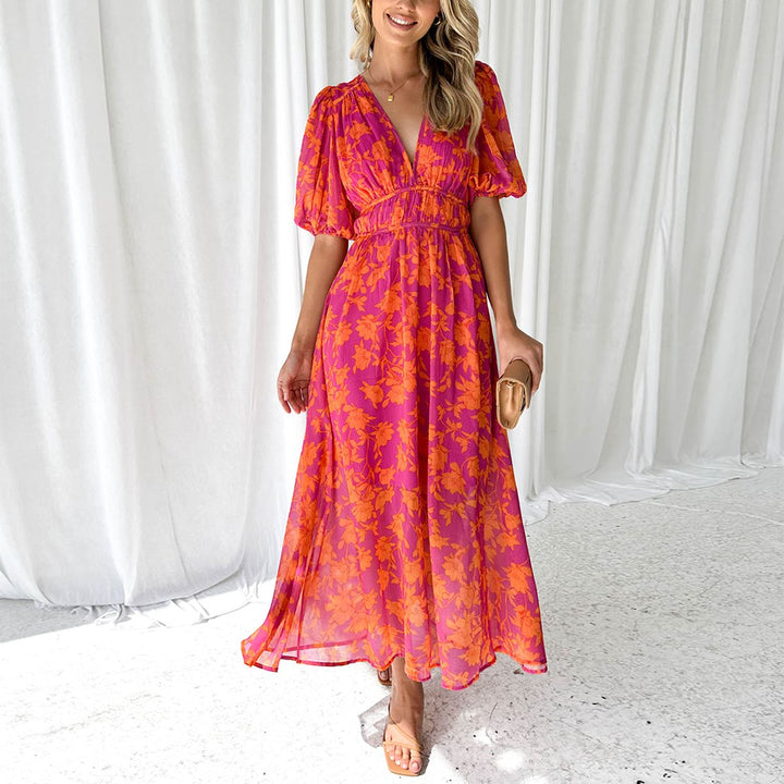 Ivy - Printed Puff Sleeve Waist Trimming Dress