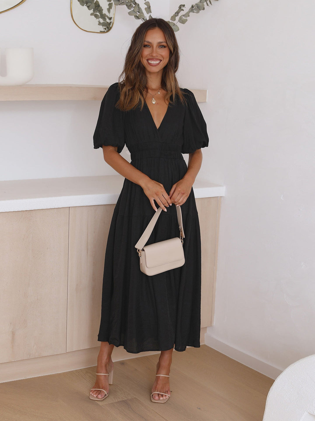 Nora - Casual Puff Sleeve Flowy Tiered Maxi Dress