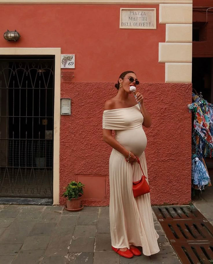 Ella - Pleated Off-Shoulder Maternity Dress