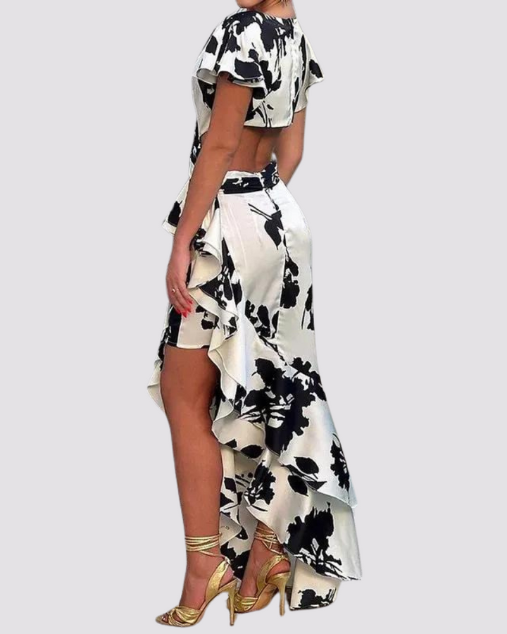 Mia - Flower Printed V Neck Short Ruffles Sleeve Party Dress