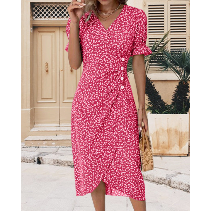 Dimitra - V Neck Puff Sleeve Waist Ruched Button Dress