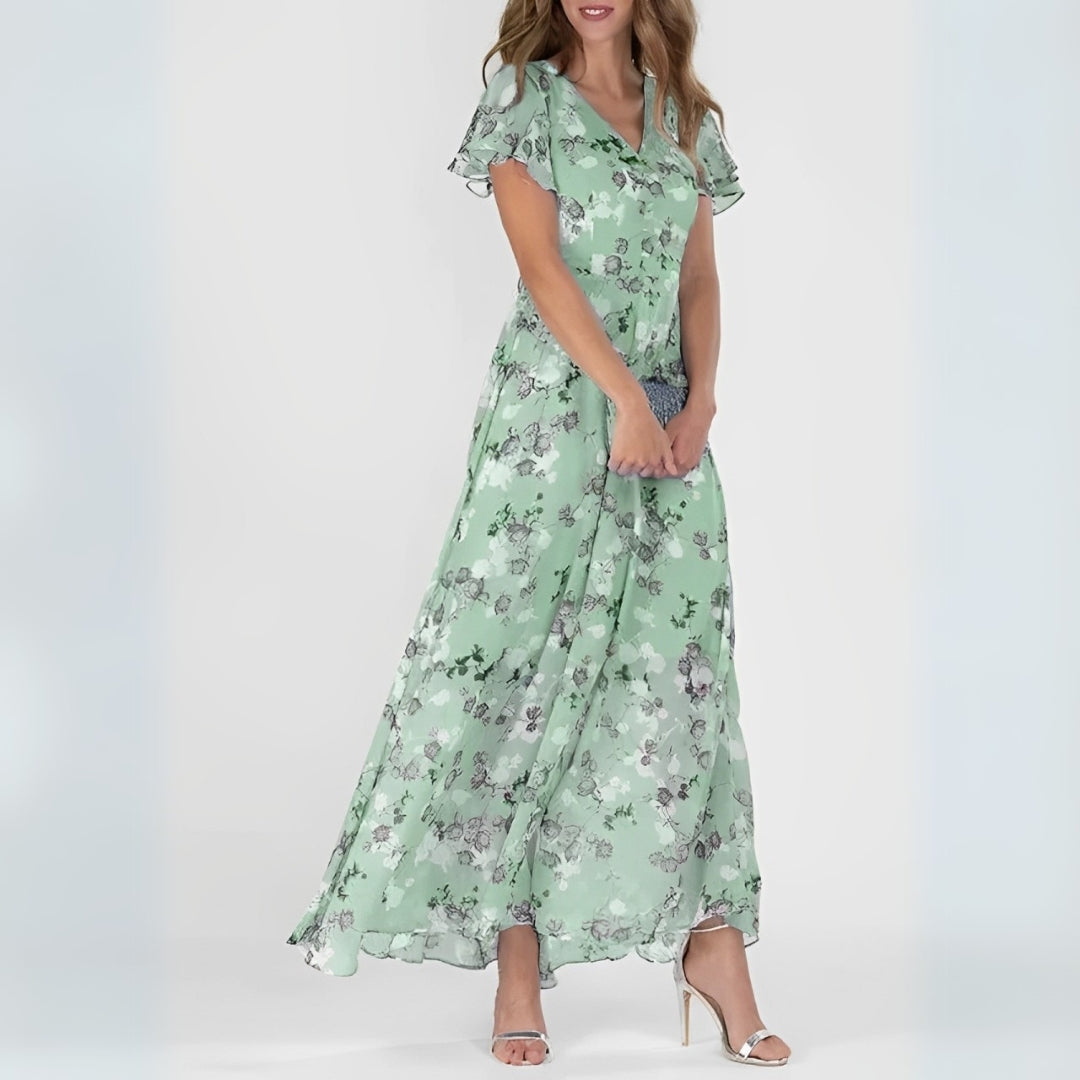 Saffron - Elegant Ruffle Short Sleeve Flowy Dress