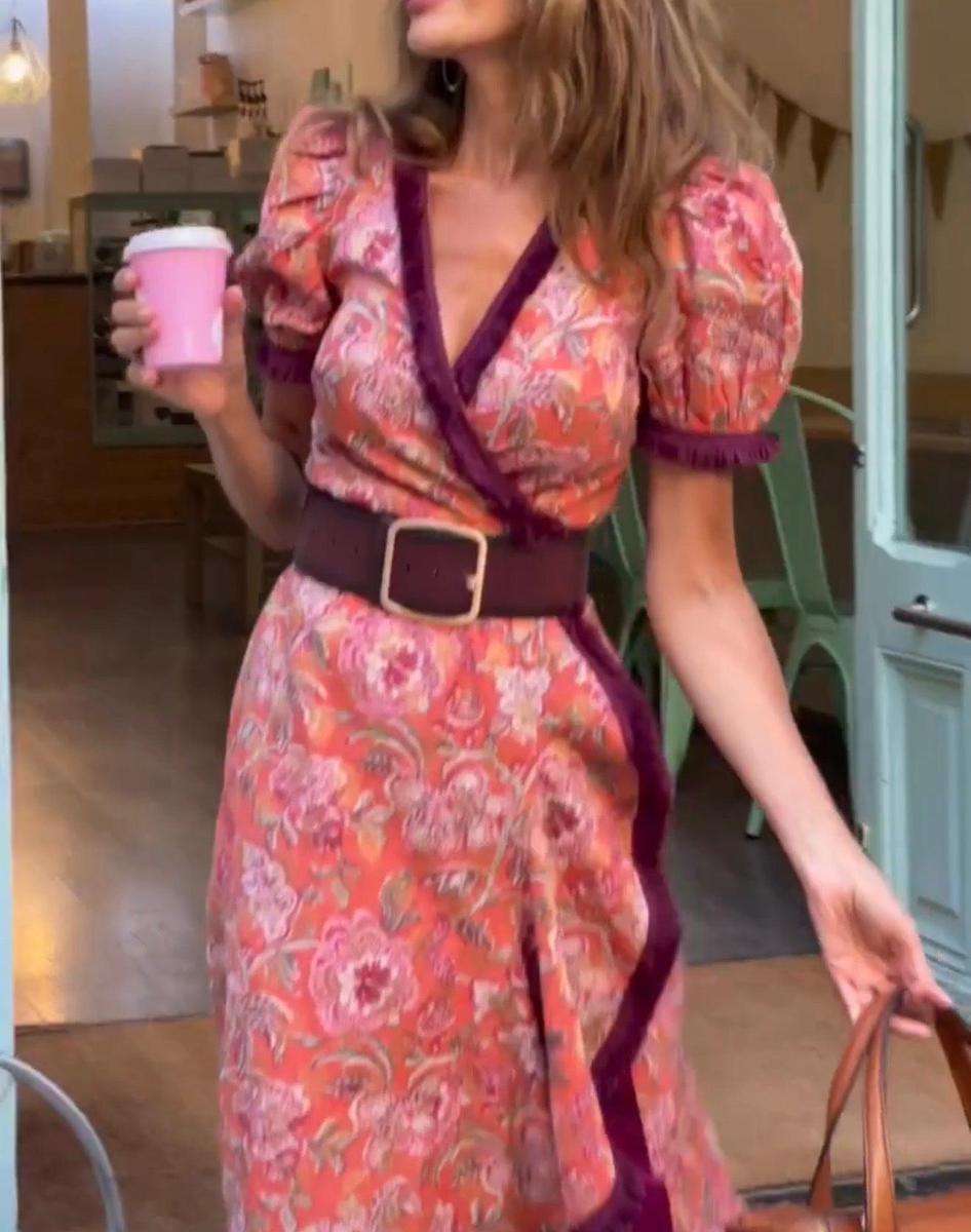Andrea - Irregular Hem Puff Sleeve Printed Dress