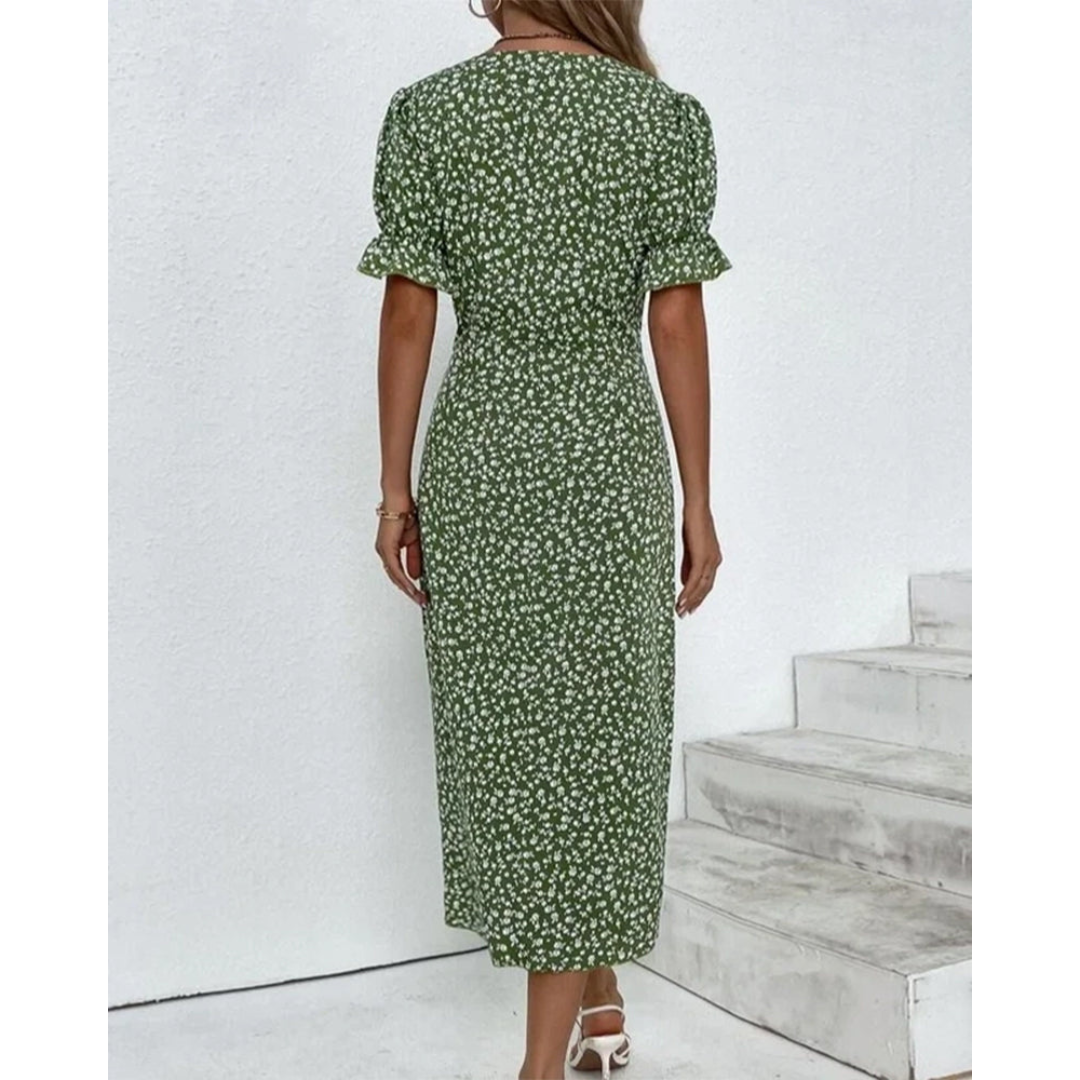 Dimitra - V Neck Puff Sleeve Waist Ruched Button Dress