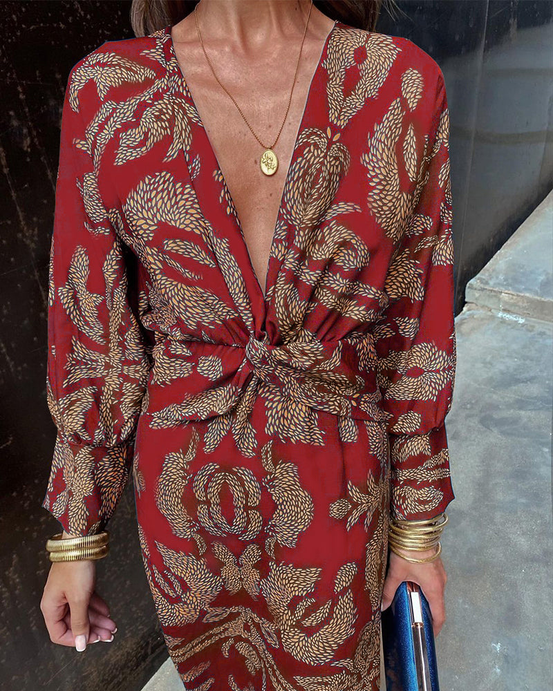 Willa - Vintage Printed V-Neck Long Dress