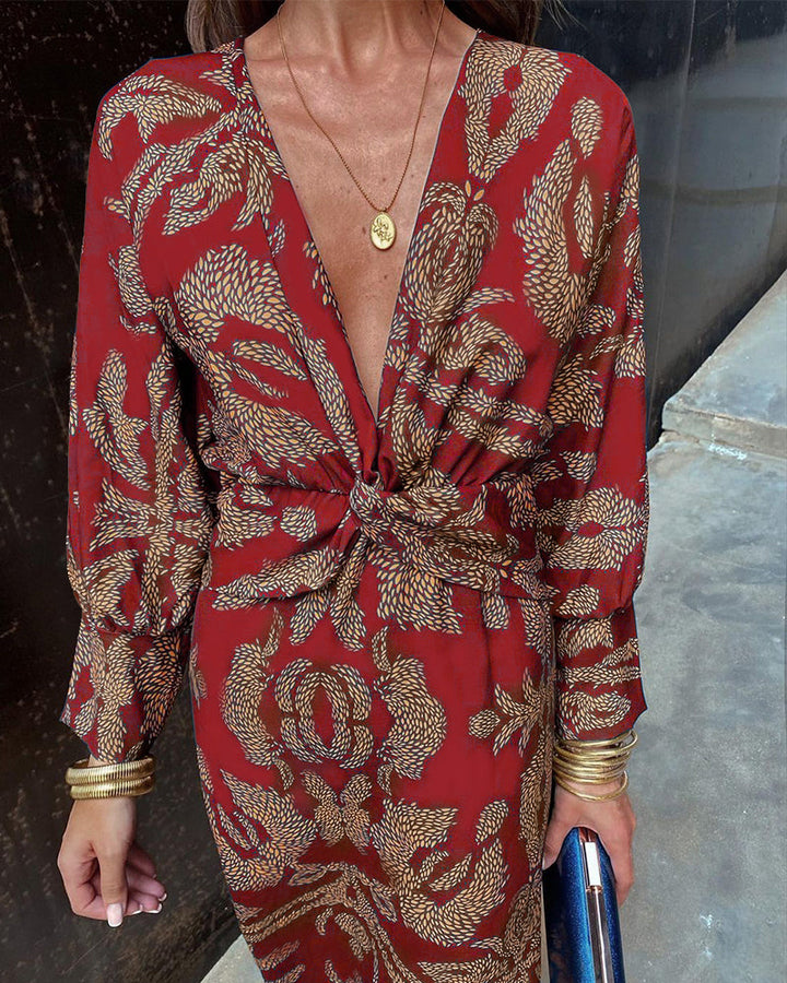 Willa - Vintage Printed V-Neck Long Dress