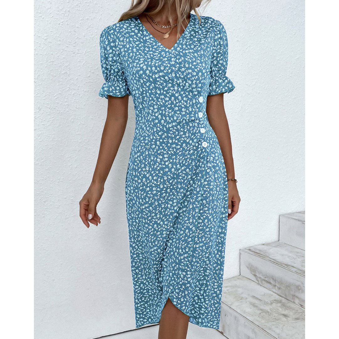 Dimitra - V Neck Puff Sleeve Waist Ruched Button Dress