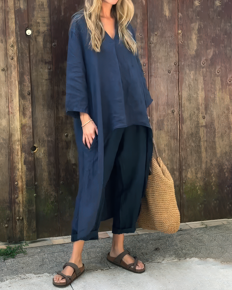 Isla - Loose Fit V-Neck Top & High-Waist Pants Set