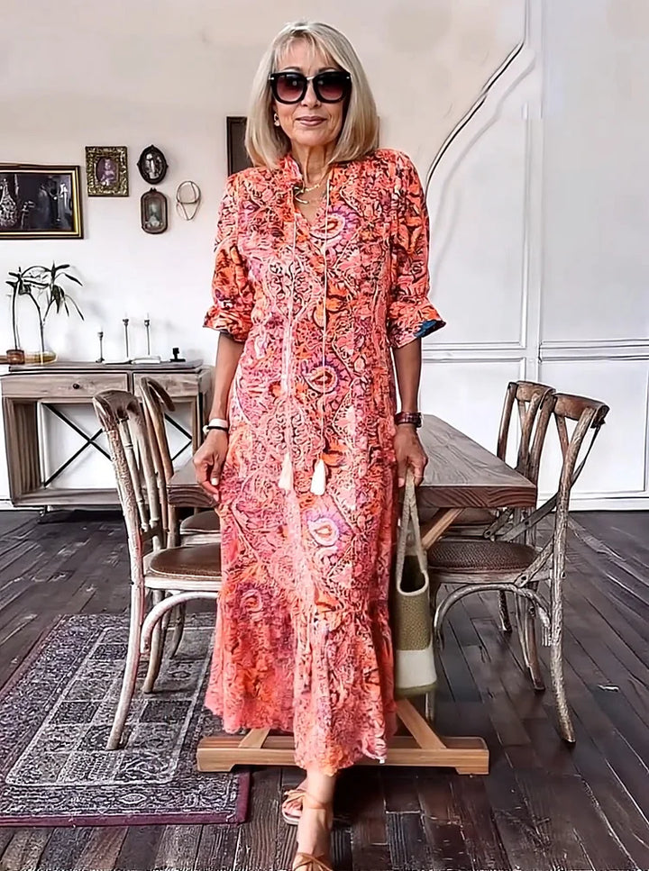 Carolette - Boho Drawstring Neck Maxi Dress