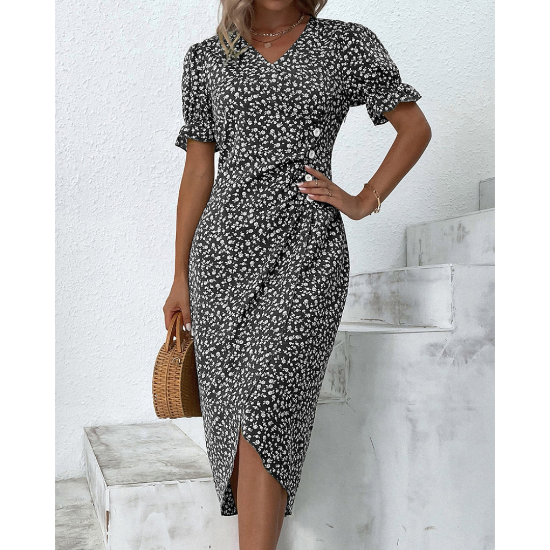 Dimitra - V Neck Puff Sleeve Waist Ruched Button Dress