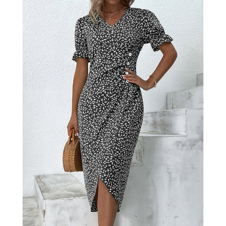 Dimitra - V Neck Puff Sleeve Waist Ruched Button Dress